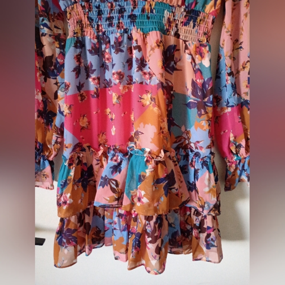 Floral Multicolor Patchwork Style Mini Dress with Ruffles Size XS - Picture 2 of 13